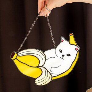 Cat in a Banana Hanging Stained Glass Sun Catcher